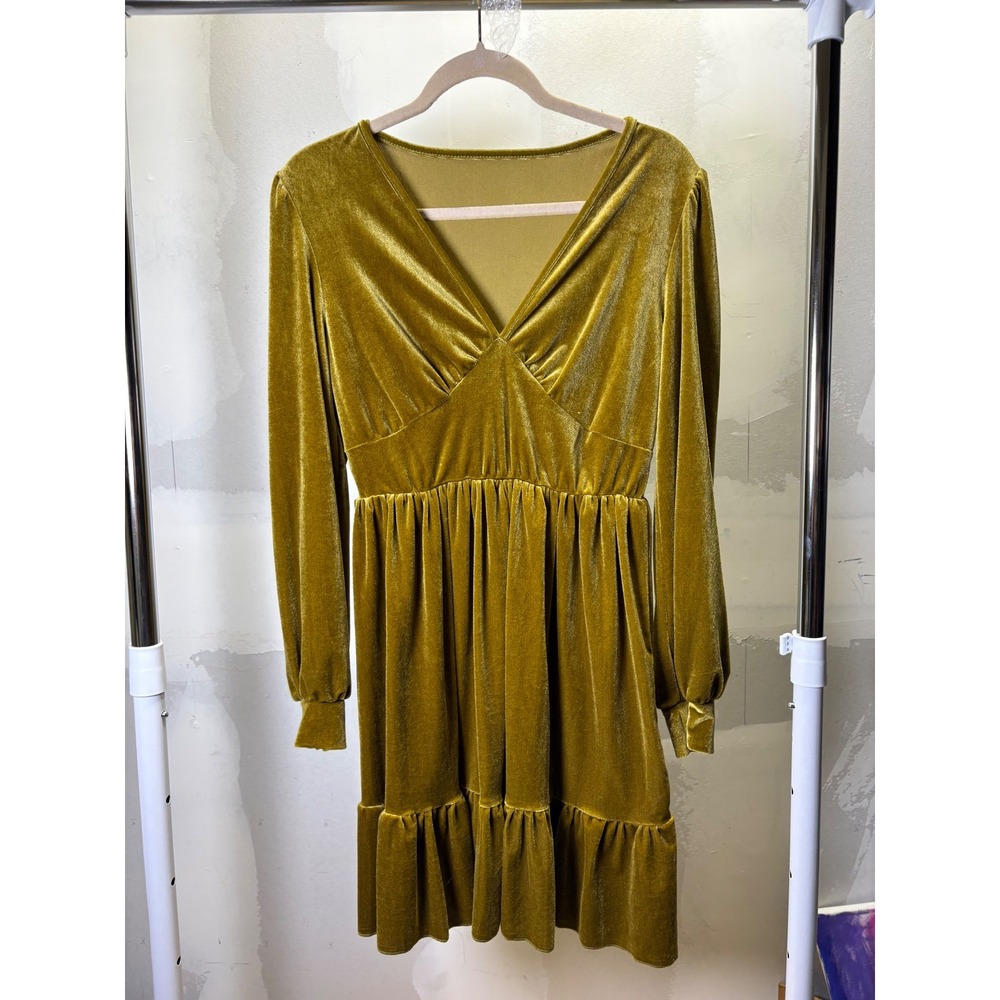 SHEIN Womens Mustard Gold Velvet V-Neck Long Sleeve Tiered Mini Dress Size M